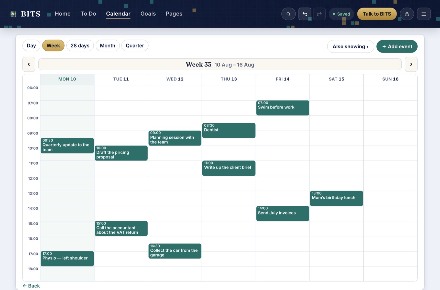 The BITS calendar showing a full week, with each task and commitment at its own time.